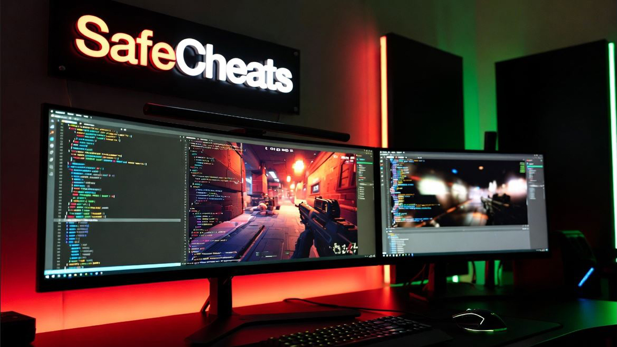 SafeCheats gaming command center with monitors and neon logo